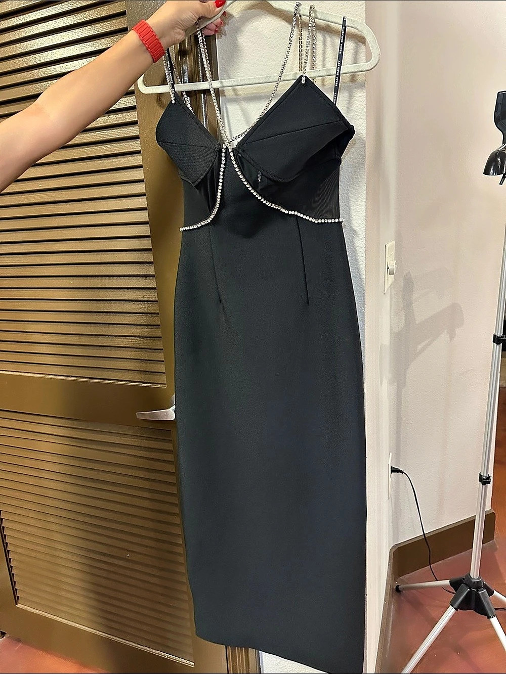 Bella Barnett Natasha Sexy Spaghetti Strap Cut Out Rhinestone Bandage Midi Dress